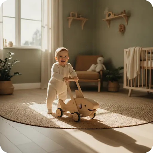 Happy baby with handcrafted wooden toy
