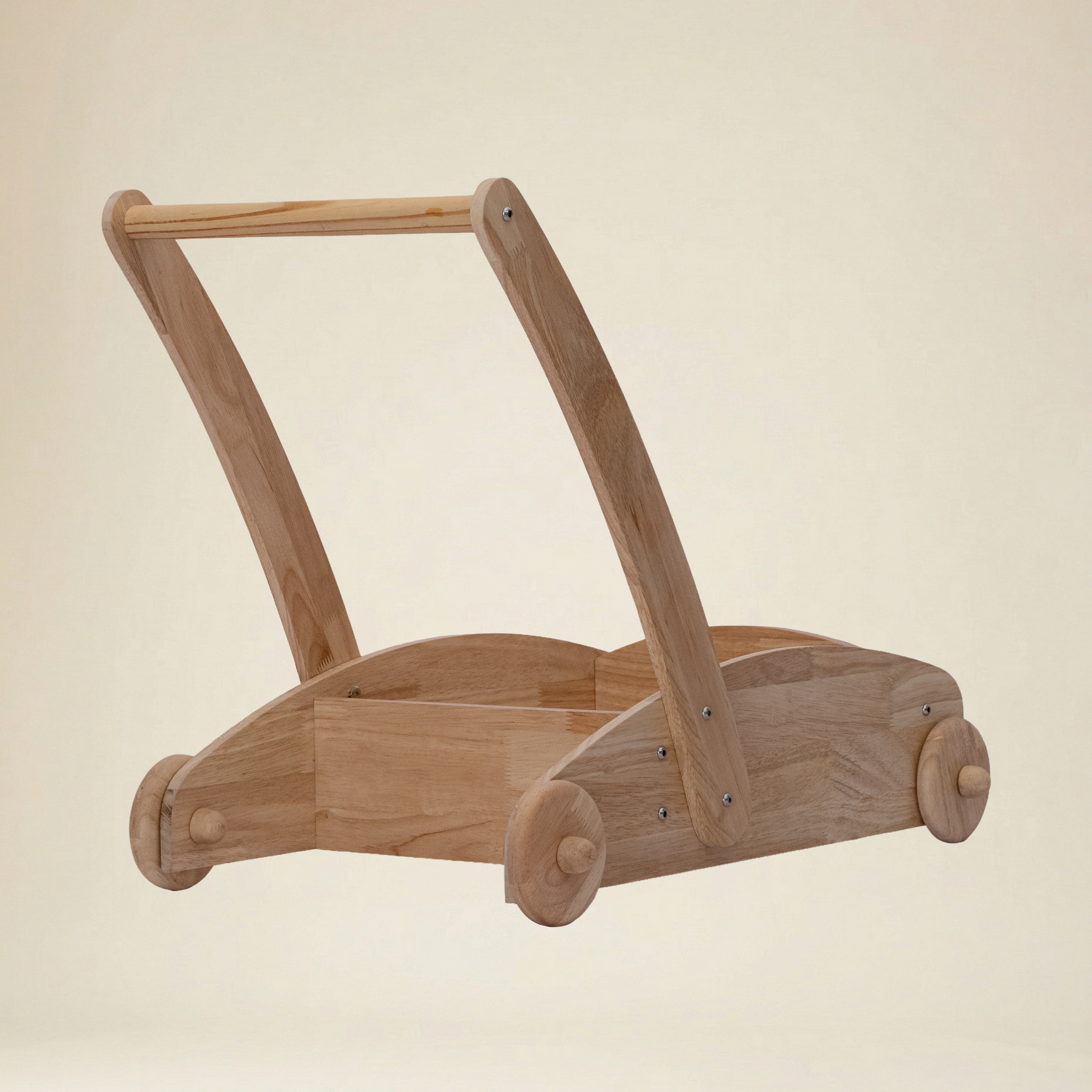 Toddler practicing first steps with a safe wooden walker trolley
