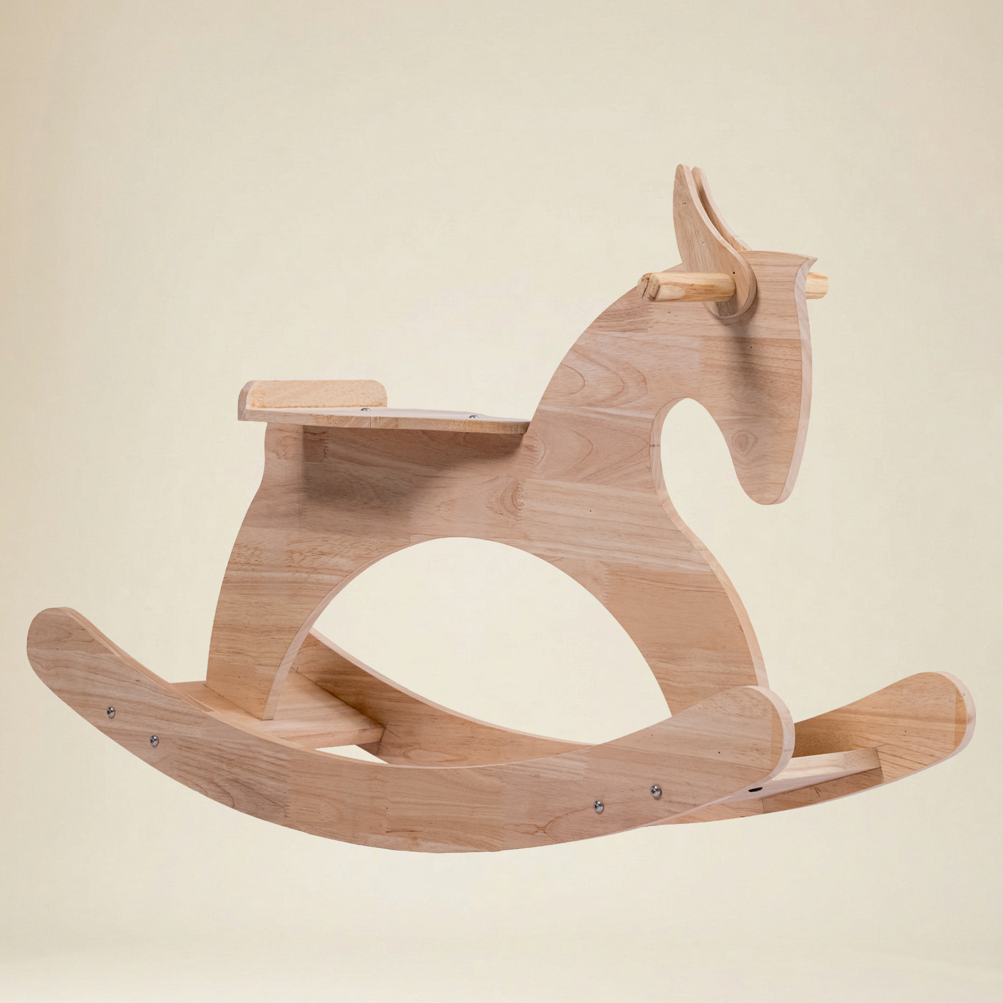 Wooden rocking horse side view showing handcrafted horse-shaped design and stable base 