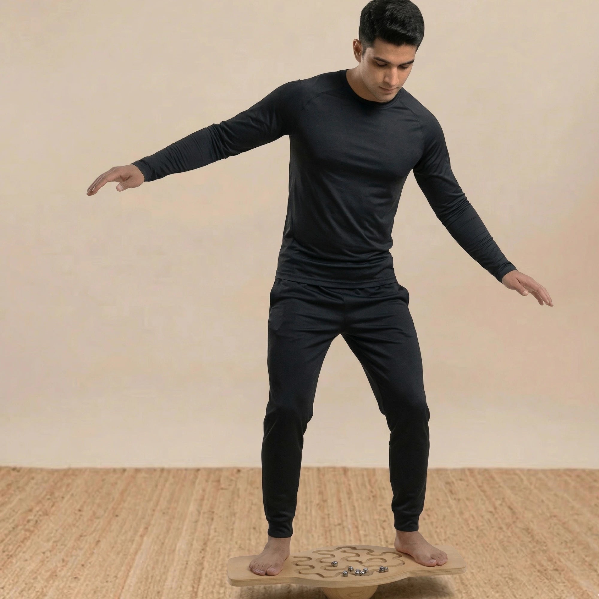 Child practicing coordination on the TASK B wooden balance board