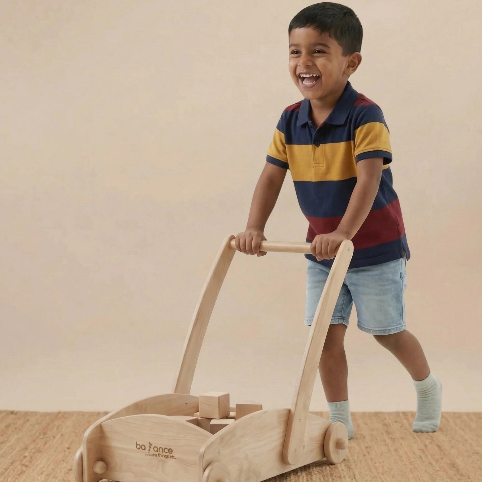 Front view of the 2-in-1 Montessori baby walker trolley