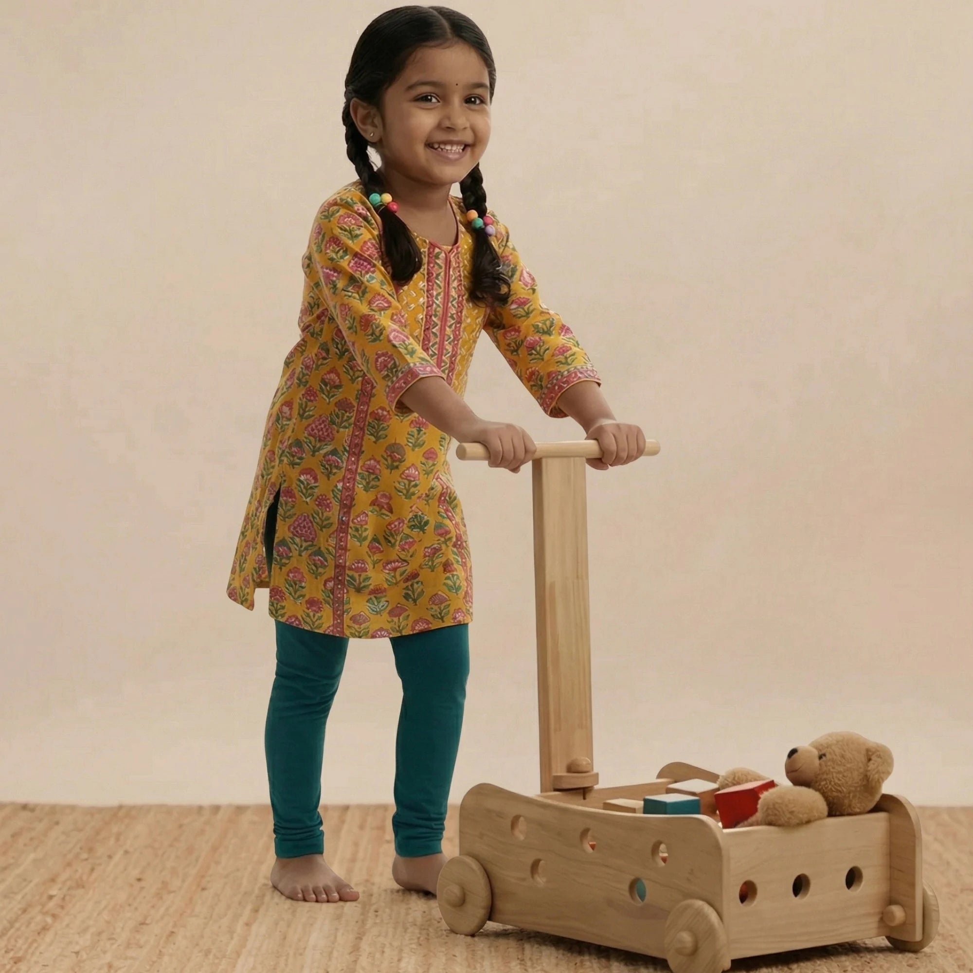 Side view of the farm-themed wooden toy trolley showing sturdy wheels