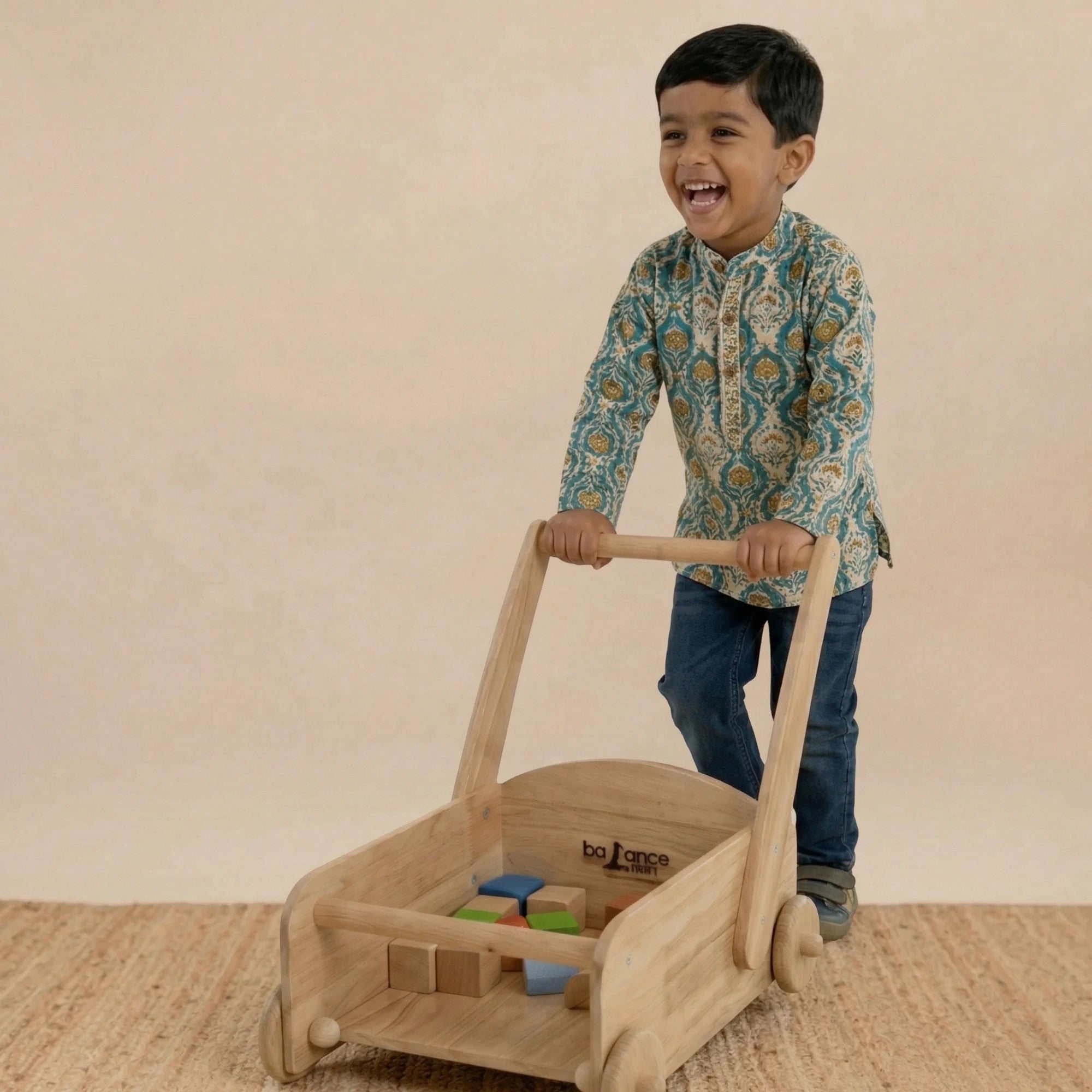 Handcrafted Kids Wooden Toy Cart & Push Walker with Storage
