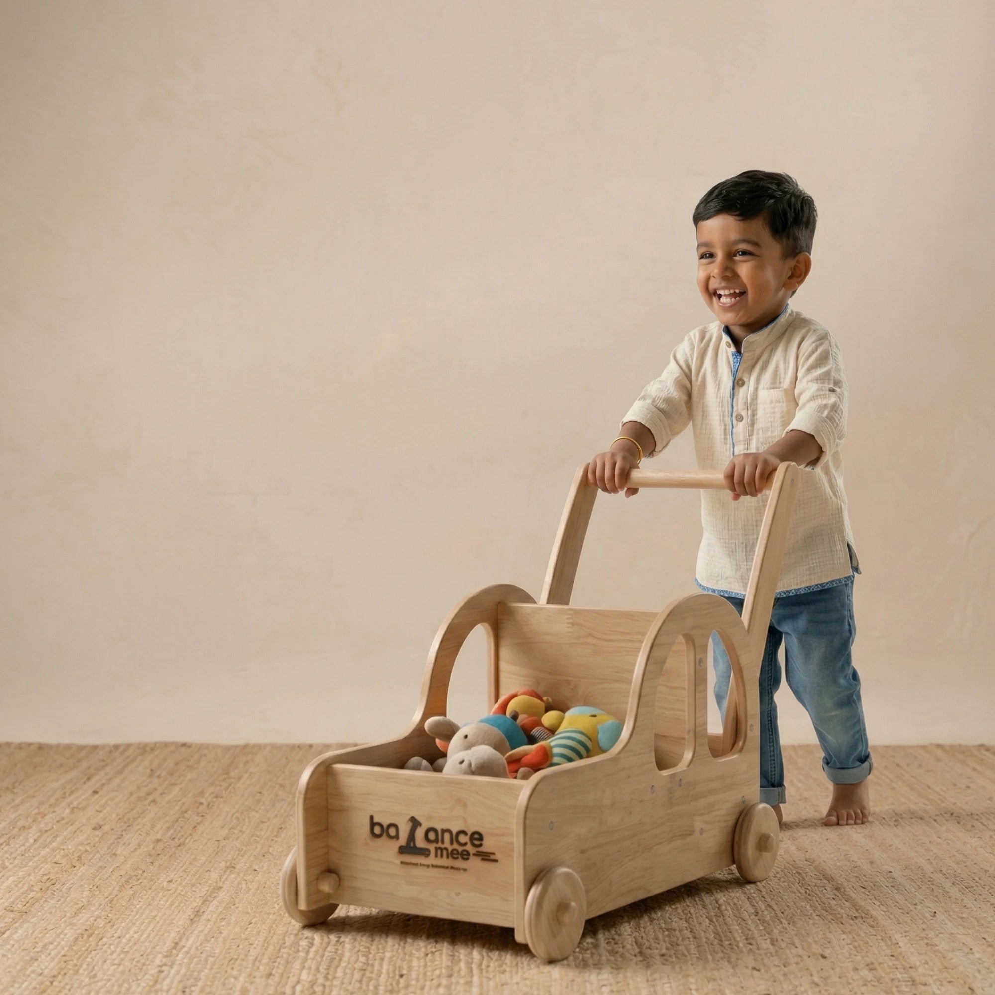 Side view of the car-shaped wooden walker showing the sturdy handle