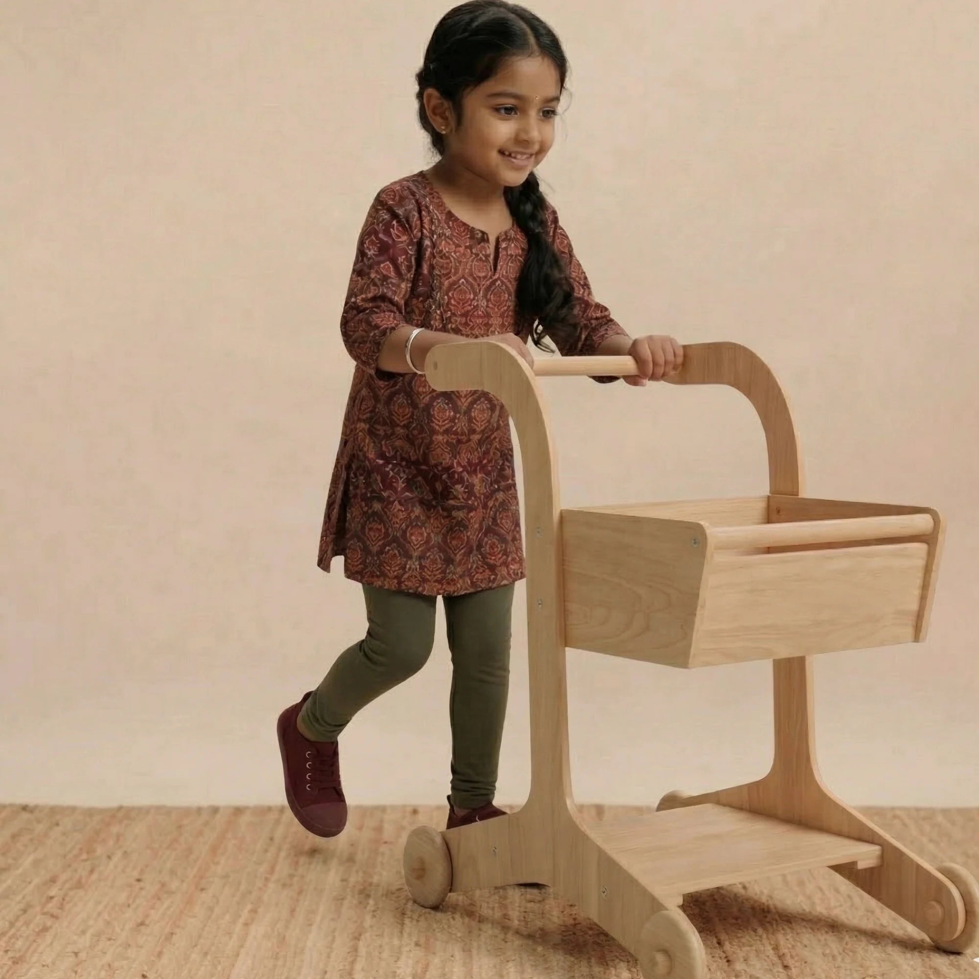 Front view of the 2-in-1 wooden grocery cart walker for toddlers