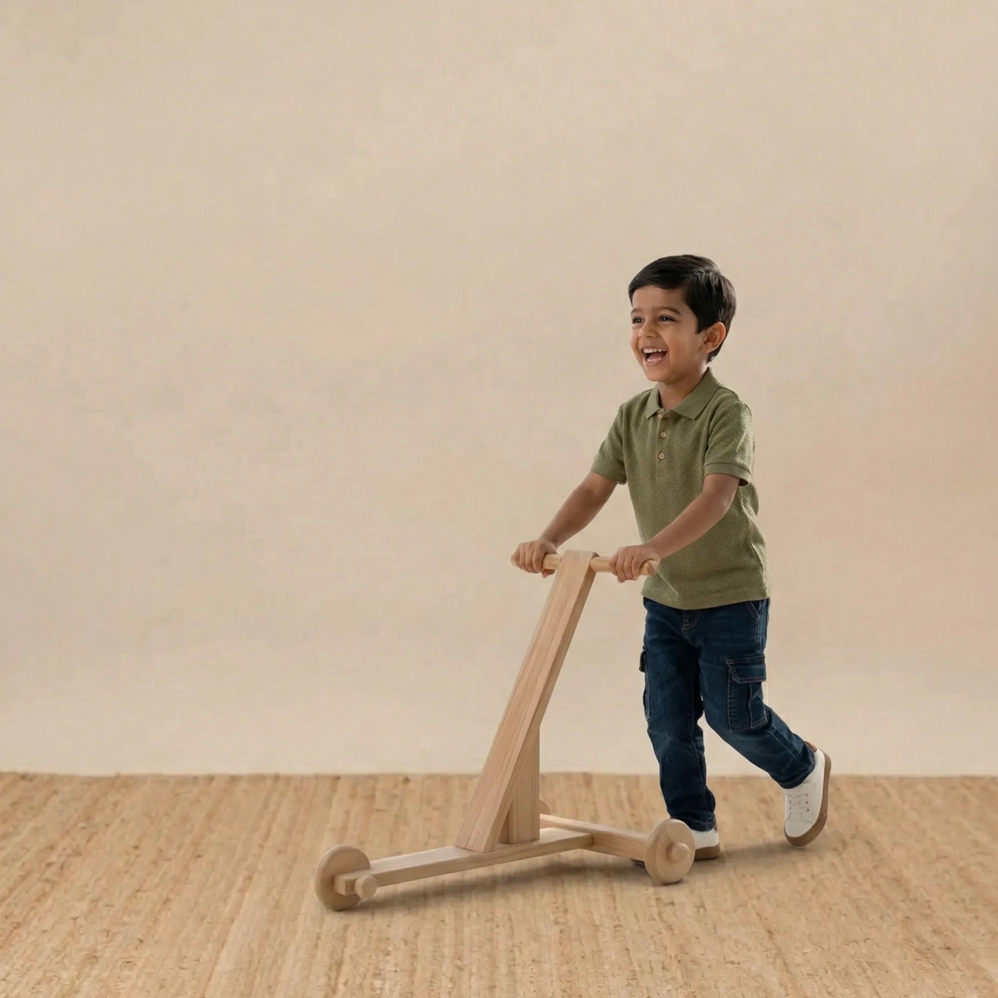 Child safely using Balance Mee traditional wooden walker